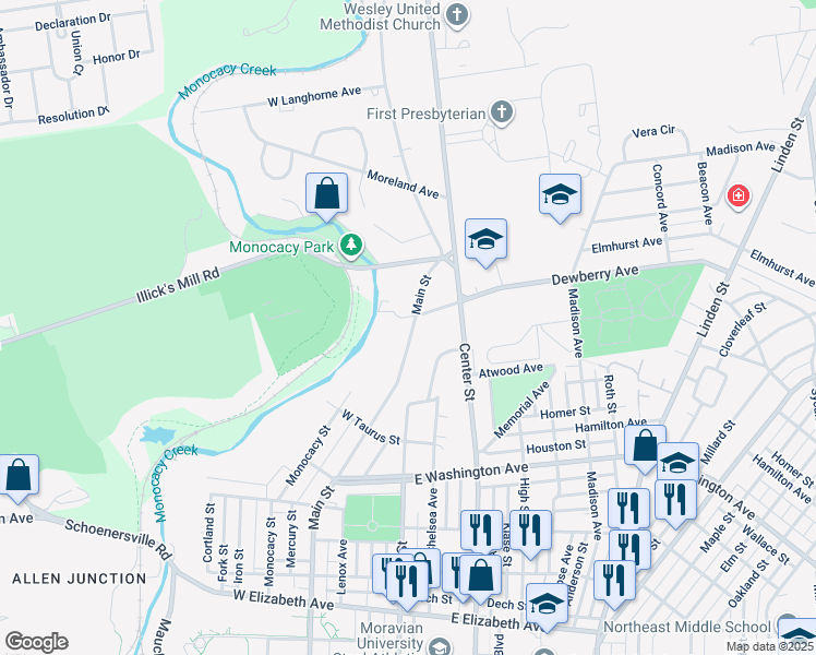 map of restaurants, bars, coffee shops, grocery stores, and more near 1961 Main Street in Bethlehem