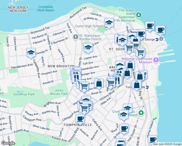 map of restaurants, bars, coffee shops, grocery stores, and more near 190 Benziger Avenue in Staten Island