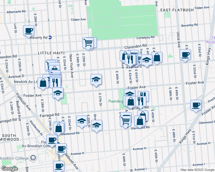 map of restaurants, bars, coffee shops, grocery stores, and more near 654 East 38th Street in Brooklyn