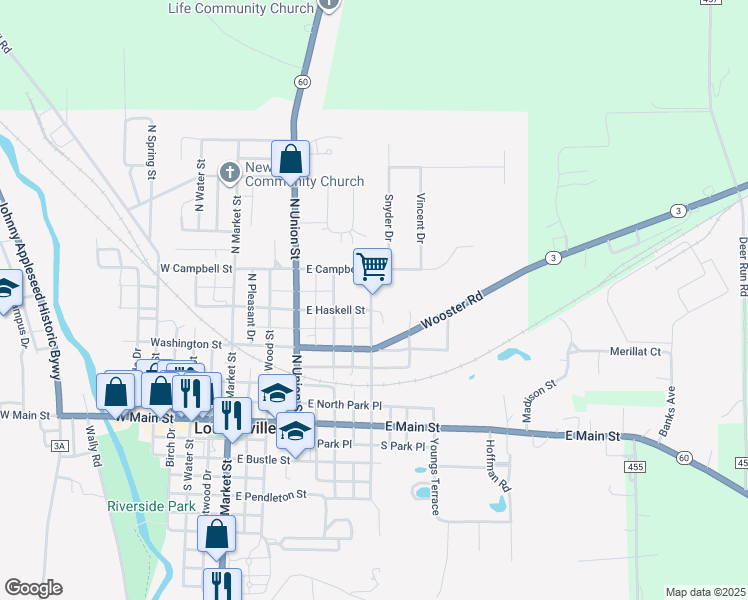 map of restaurants, bars, coffee shops, grocery stores, and more near 430 N Jefferson St in Loudonville