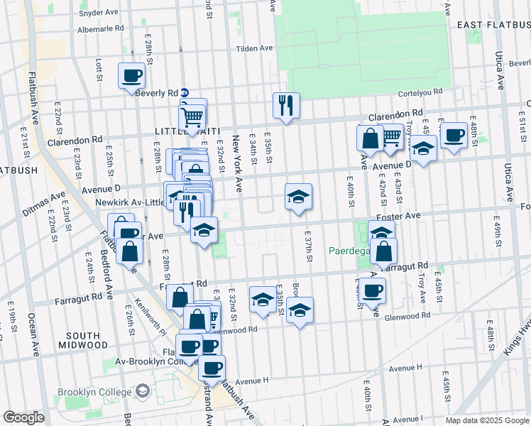 map of restaurants, bars, coffee shops, grocery stores, and more near 45 Victor Road in Brooklyn