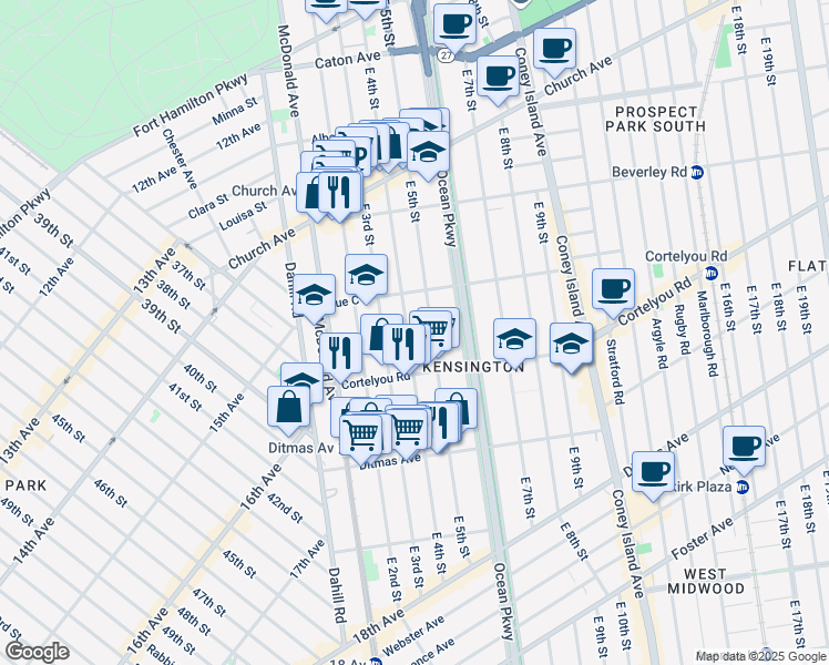 map of restaurants, bars, coffee shops, grocery stores, and more near 515 East 4th Street in Brooklyn