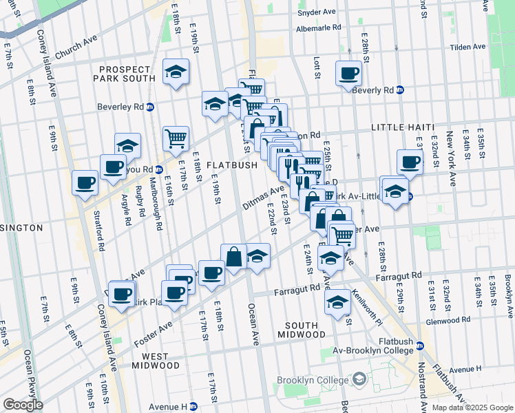 map of restaurants, bars, coffee shops, grocery stores, and more near 585 East 21st Street in Brooklyn