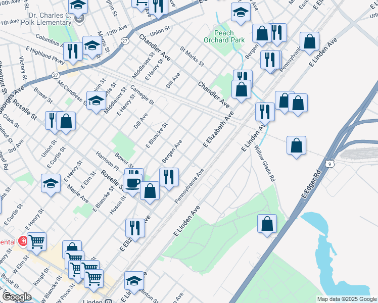 map of restaurants, bars, coffee shops, grocery stores, and more near 910 Essex Avenue in Linden