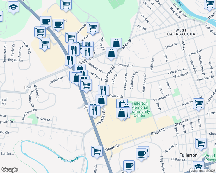 map of restaurants, bars, coffee shops, grocery stores, and more near 1230 Echo Drive in Fullerton