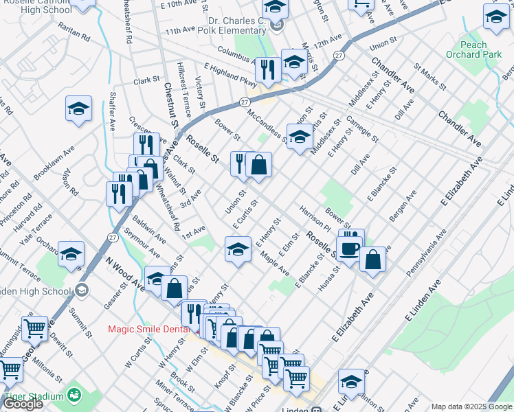 map of restaurants, bars, coffee shops, grocery stores, and more near 552 East Curtis Street in Linden