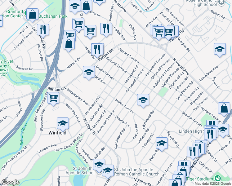 map of restaurants, bars, coffee shops, grocery stores, and more near 334 Birchwood Road in Linden