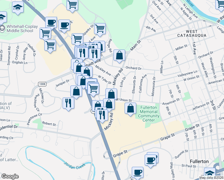 map of restaurants, bars, coffee shops, grocery stores, and more near 1230 Mickley Road in Fullerton