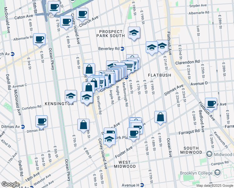 map of restaurants, bars, coffee shops, grocery stores, and more near 410 Rugby Road in Brooklyn