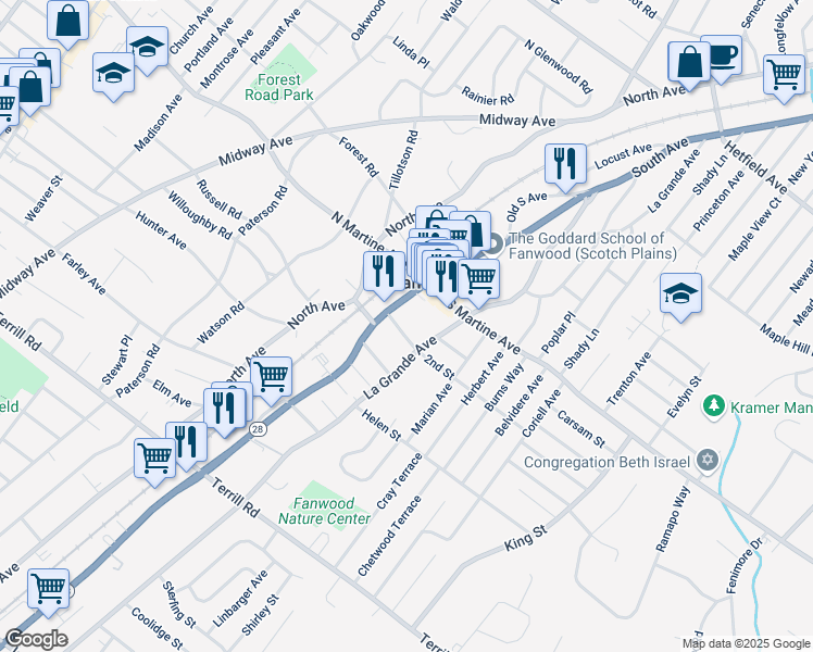 map of restaurants, bars, coffee shops, grocery stores, and more near 32 2nd Street in Fanwood