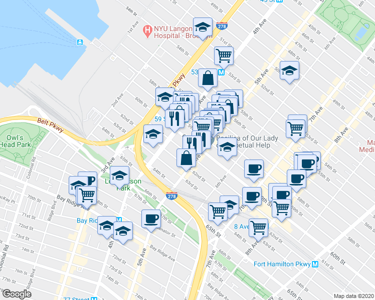 map of restaurants, bars, coffee shops, grocery stores, and more near 455 61st Street in Brooklyn