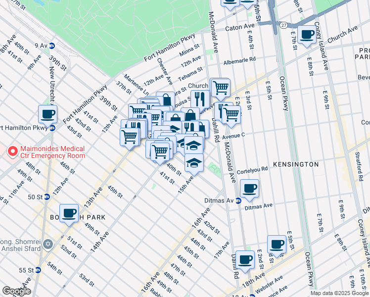 map of restaurants, bars, coffee shops, grocery stores, and more near 1421 38th Street in Brooklyn