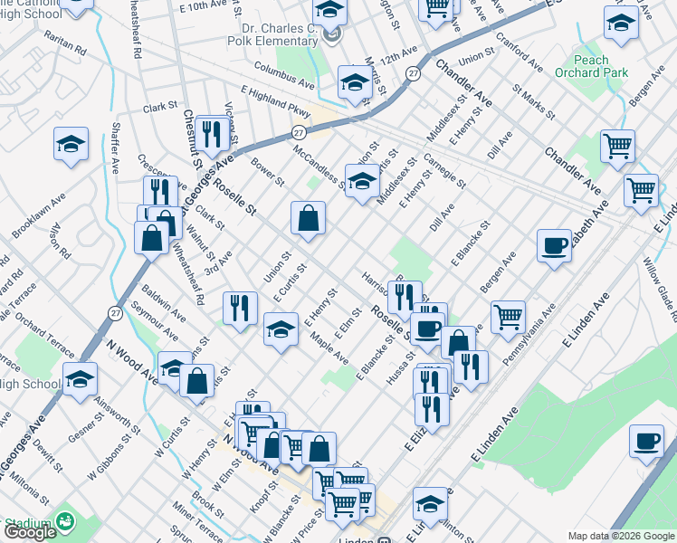 map of restaurants, bars, coffee shops, grocery stores, and more near 806 Roselle Street in Linden