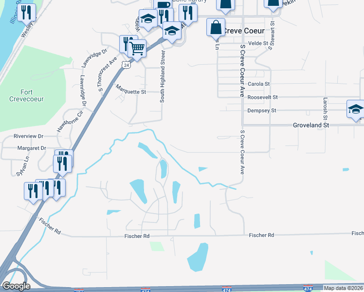 map of restaurants, bars, coffee shops, grocery stores, and more near 109 Morton Street in Creve Coeur