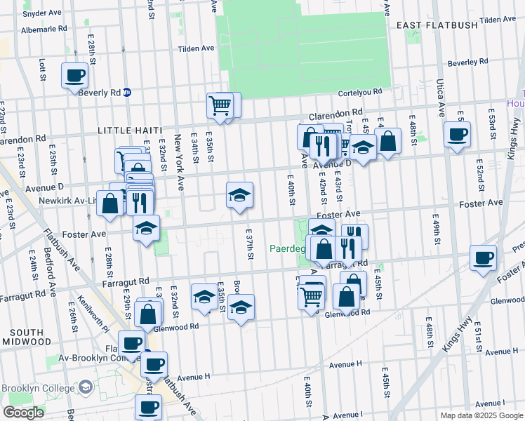 map of restaurants, bars, coffee shops, grocery stores, and more near 654 East 38th Street in Brooklyn