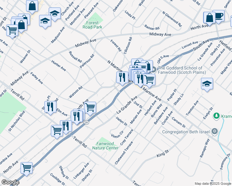 map of restaurants, bars, coffee shops, grocery stores, and more near 191 South Avenue in Fanwood