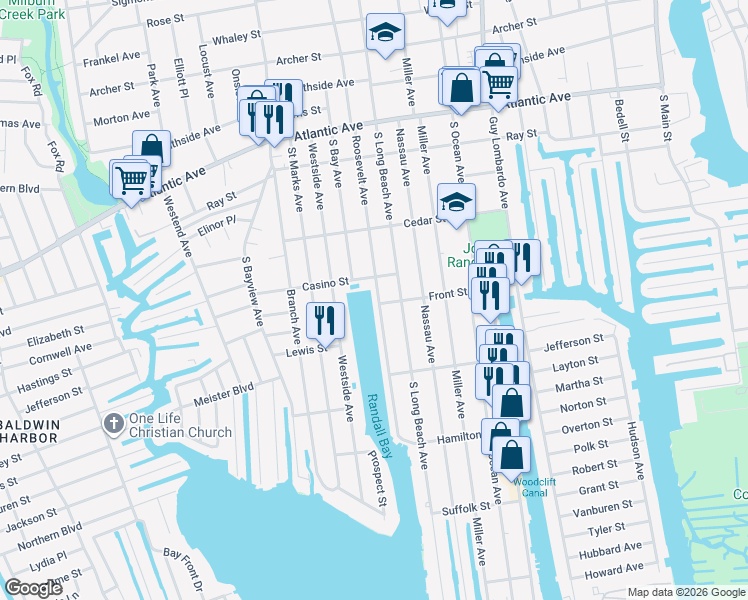 map of restaurants, bars, coffee shops, grocery stores, and more near 328 Roosevelt Avenue in Freeport