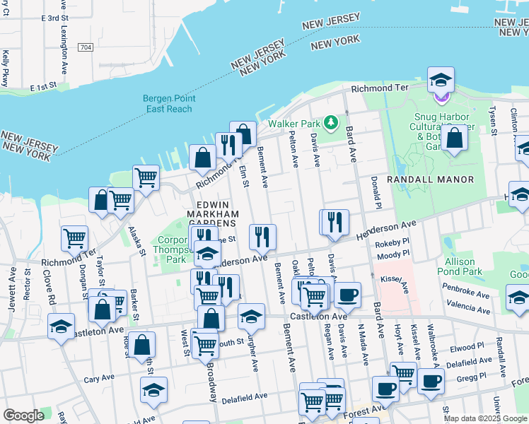 map of restaurants, bars, coffee shops, grocery stores, and more near 122 Bement Ave in Staten Island