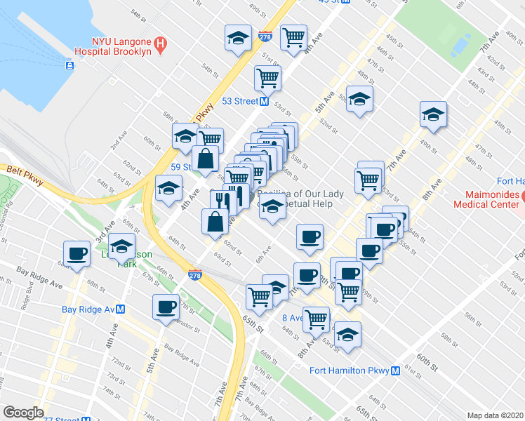 map of restaurants, bars, coffee shops, grocery stores, and more near 531 59th Street in Brooklyn