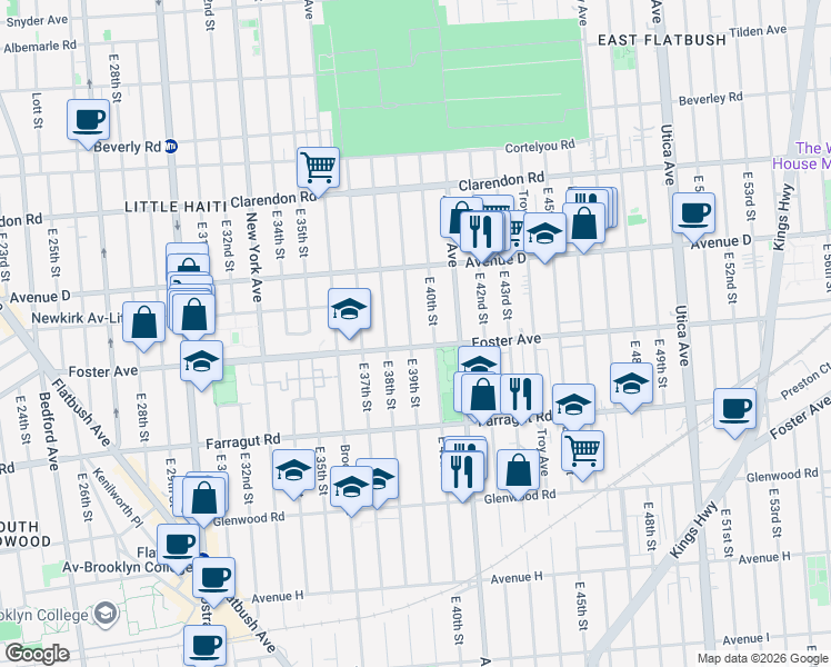 map of restaurants, bars, coffee shops, grocery stores, and more near 719 East 39th Street in Brooklyn