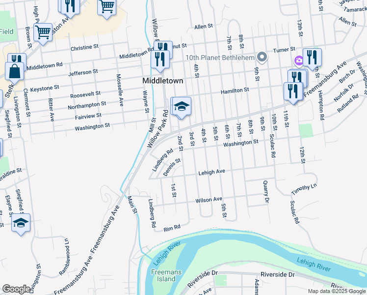 map of restaurants, bars, coffee shops, grocery stores, and more near 1702 2nd Street in Bethlehem