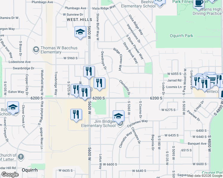map of restaurants, bars, coffee shops, grocery stores, and more near 6149 Dewdrops Drive in Kearns