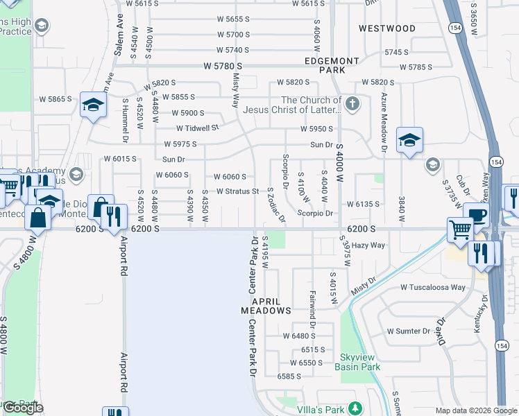 map of restaurants, bars, coffee shops, grocery stores, and more near 6143 Misty Way in Kearns