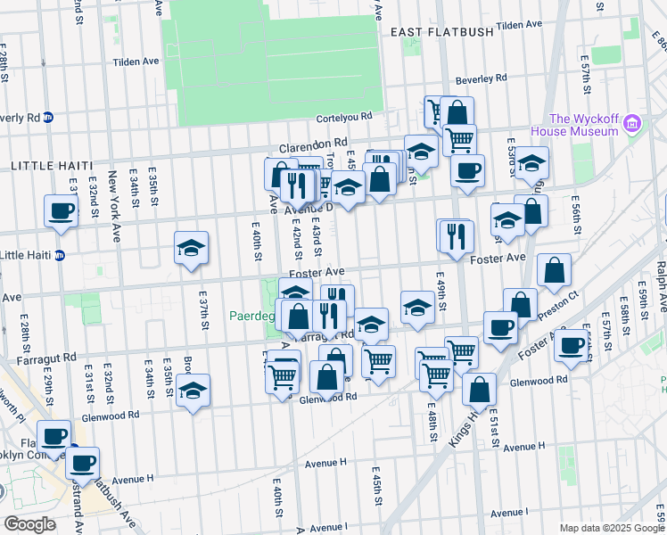 map of restaurants, bars, coffee shops, grocery stores, and more near 4317 Foster Avenue in Brooklyn