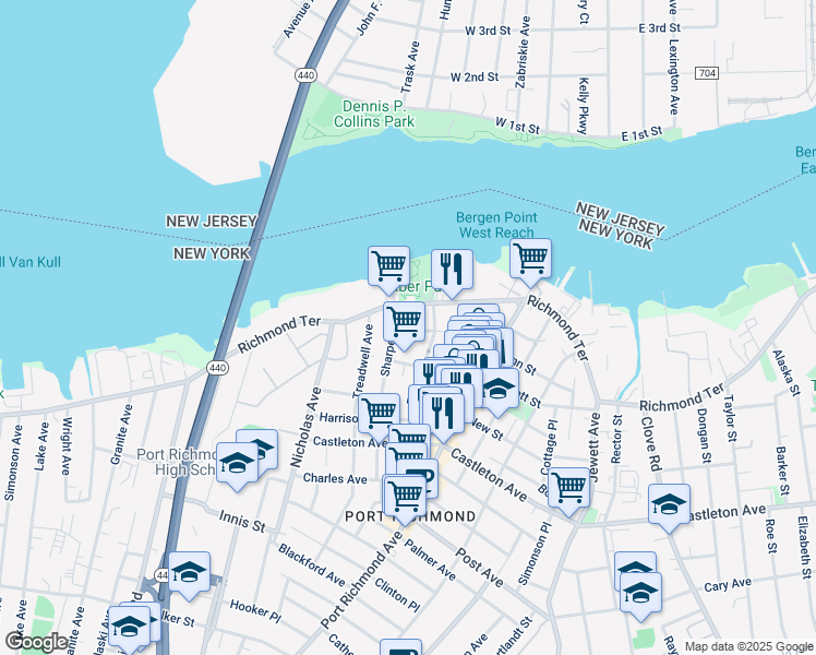 map of restaurants, bars, coffee shops, grocery stores, and more near 57 Larkin Street in Staten Island