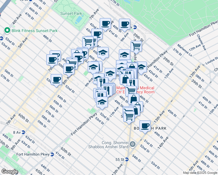 map of restaurants, bars, coffee shops, grocery stores, and more near 48th St & 10th Ave in Brooklyn
