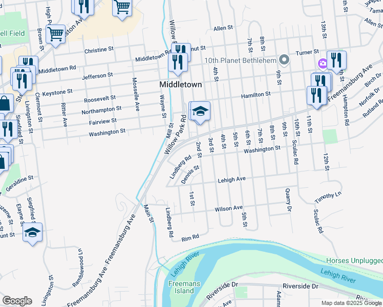 map of restaurants, bars, coffee shops, grocery stores, and more near 1687 Lindberg Road in Bethlehem