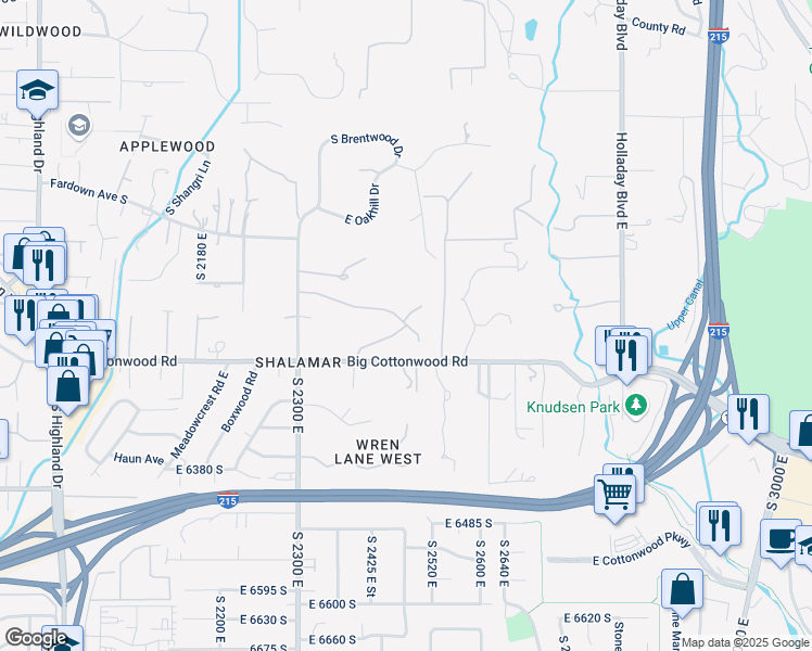 map of restaurants, bars, coffee shops, grocery stores, and more near 2428 East Field Rose Drive in Holladay