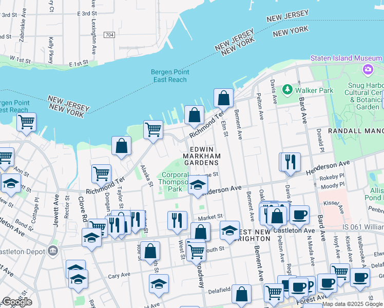 map of restaurants, bars, coffee shops, grocery stores, and more near 71 Broadway in Staten Island