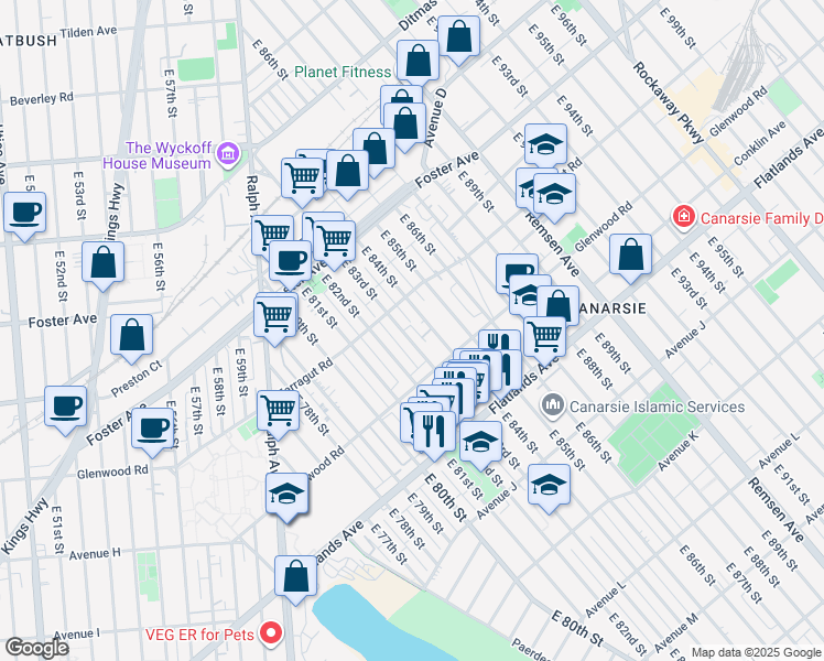 map of restaurants, bars, coffee shops, grocery stores, and more near 630 East 83rd Street in Brooklyn