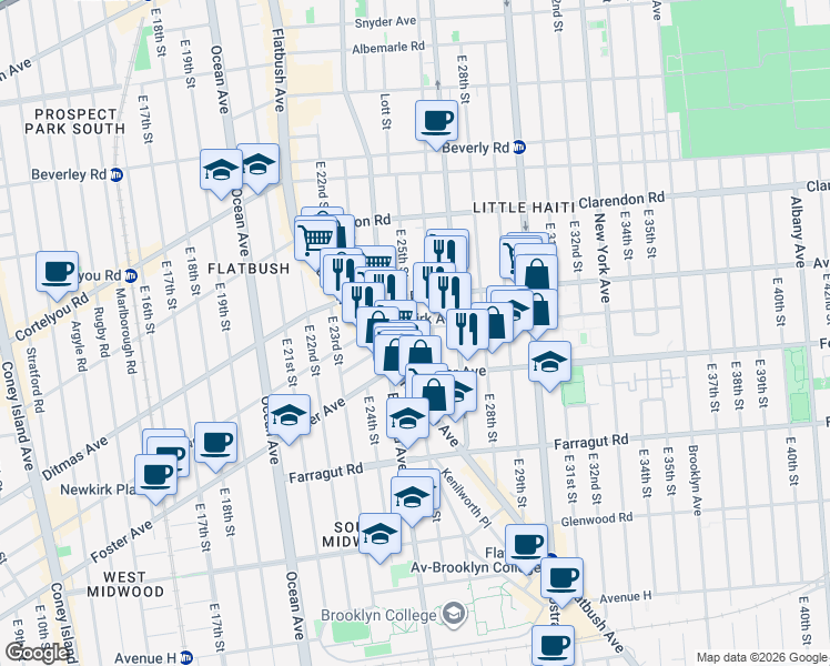 map of restaurants, bars, coffee shops, grocery stores, and more near 2523 Newkirk Avenue in Brooklyn