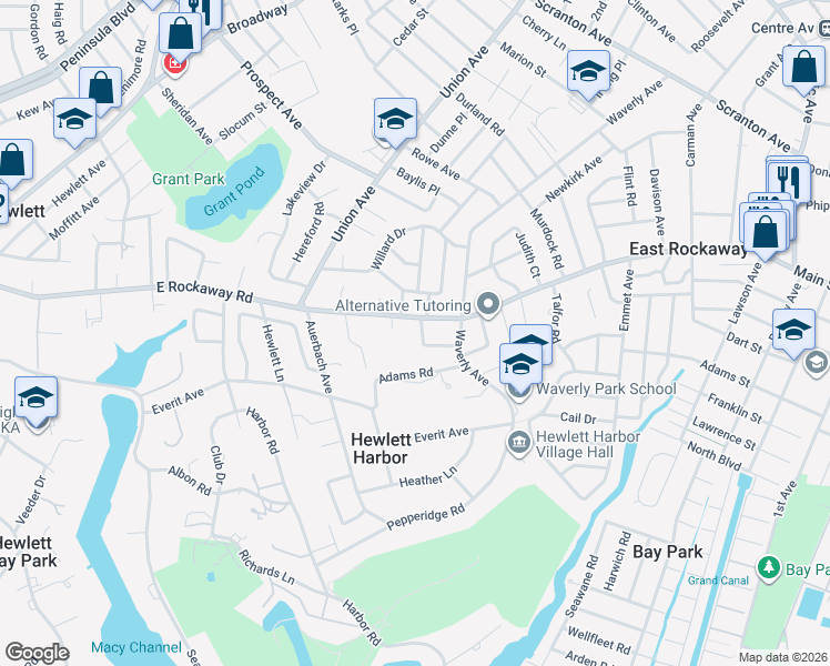 map of restaurants, bars, coffee shops, grocery stores, and more near 267 Channon Road in Hewlett