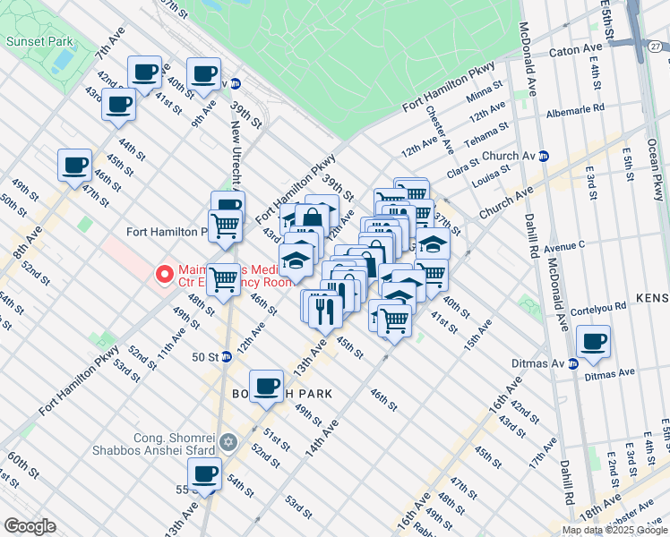 map of restaurants, bars, coffee shops, grocery stores, and more near 1249 42nd Street in Brooklyn