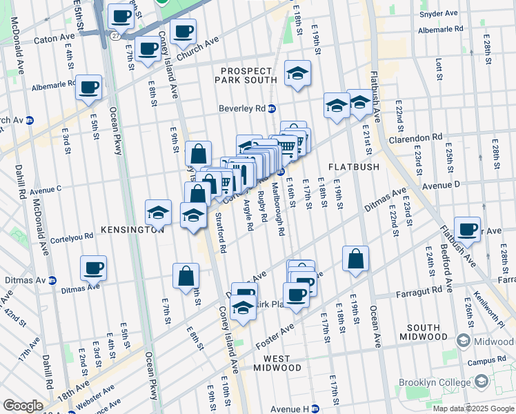 map of restaurants, bars, coffee shops, grocery stores, and more near 400 Rugby Road in Brooklyn