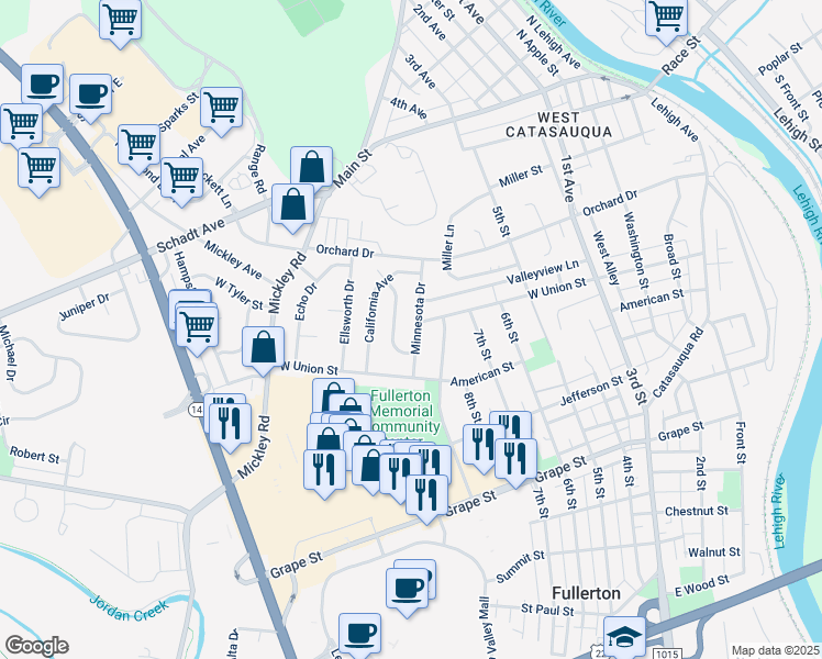map of restaurants, bars, coffee shops, grocery stores, and more near 1232 Minnesota Drive in Fullerton