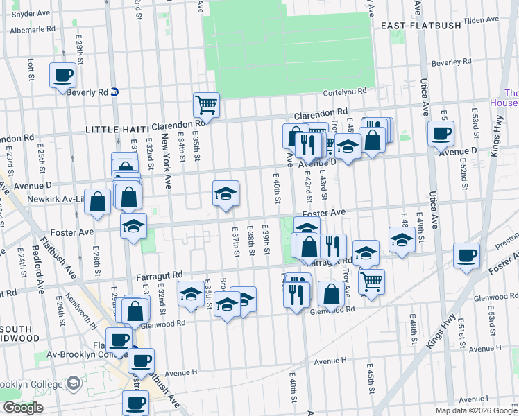 map of restaurants, bars, coffee shops, grocery stores, and more near 719 East 39th Street in Brooklyn