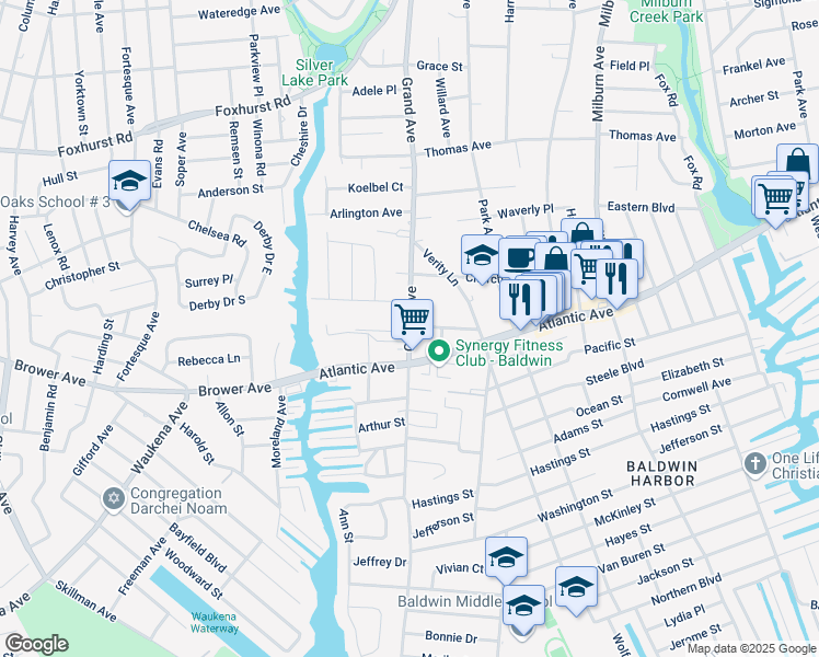map of restaurants, bars, coffee shops, grocery stores, and more near 2863 Grand Avenue in Baldwin