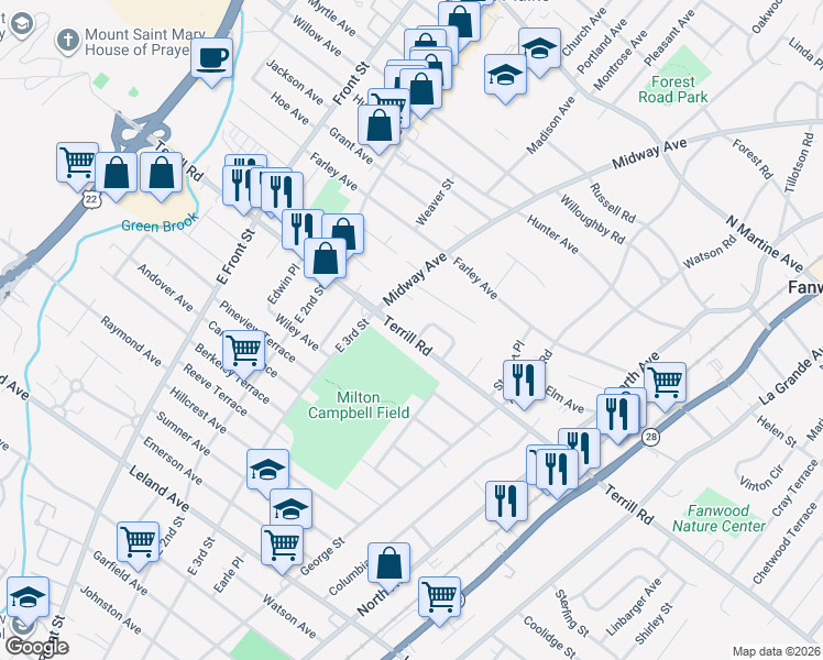 map of restaurants, bars, coffee shops, grocery stores, and more near 205 Terrill Road in Fanwood