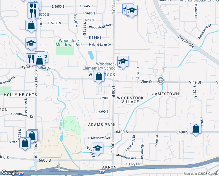 map of restaurants, bars, coffee shops, grocery stores, and more near 1290 East Vine Gate Drive in Murray