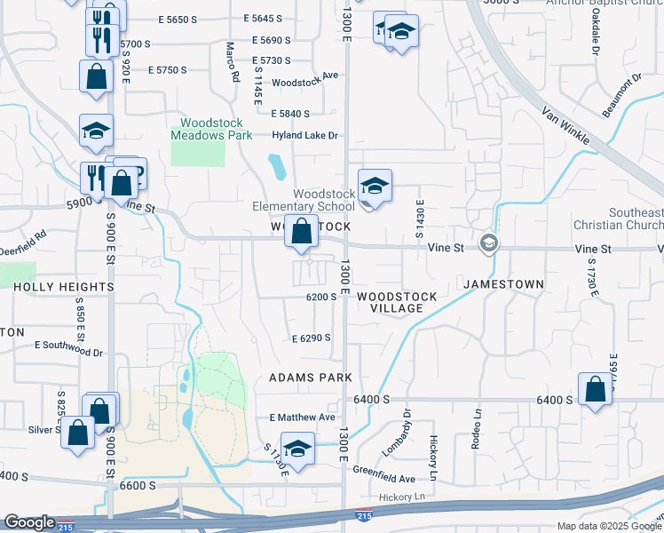 map of restaurants, bars, coffee shops, grocery stores, and more near 1290 East Vine Gate Drive in Murray