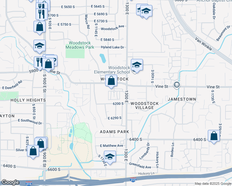 map of restaurants, bars, coffee shops, grocery stores, and more near 6140 Vine Park Drive in Murray