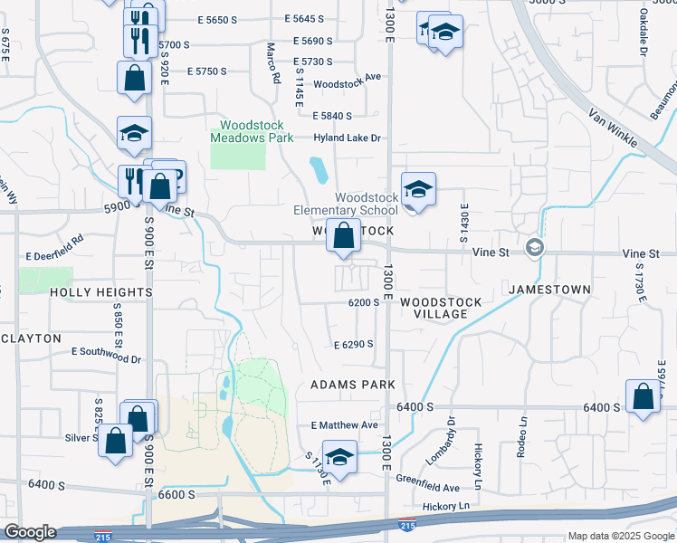 map of restaurants, bars, coffee shops, grocery stores, and more near 6140 Vine Park Drive in Murray