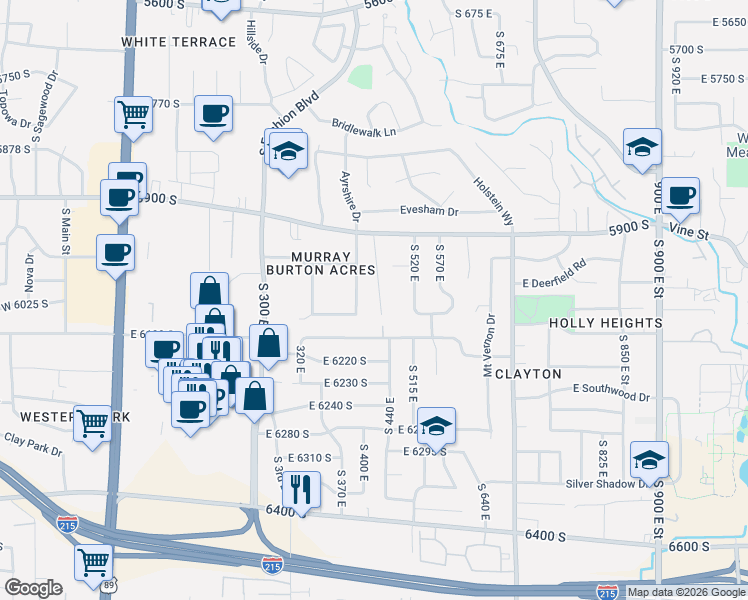 map of restaurants, bars, coffee shops, grocery stores, and more near 5995 South 450 East in Murray