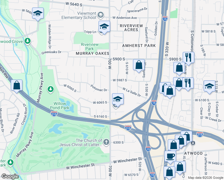 map of restaurants, bars, coffee shops, grocery stores, and more near 709 Potomac Drive in Murray