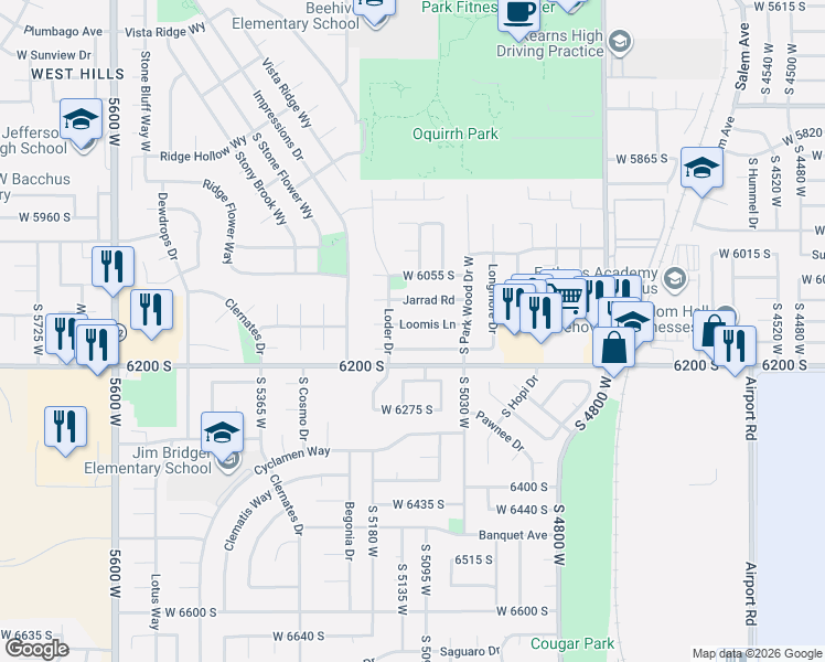 map of restaurants, bars, coffee shops, grocery stores, and more near 5091 Loomis Lane in Kearns