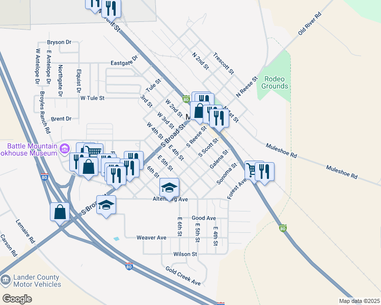 map of restaurants, bars, coffee shops, grocery stores, and more near 140 East 3rd Street in Battle Mountain